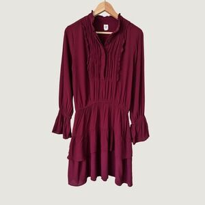 Gap Burgundy Ruffle Tiered Mini Dress Long Sleeve Pleated Henley boho XS